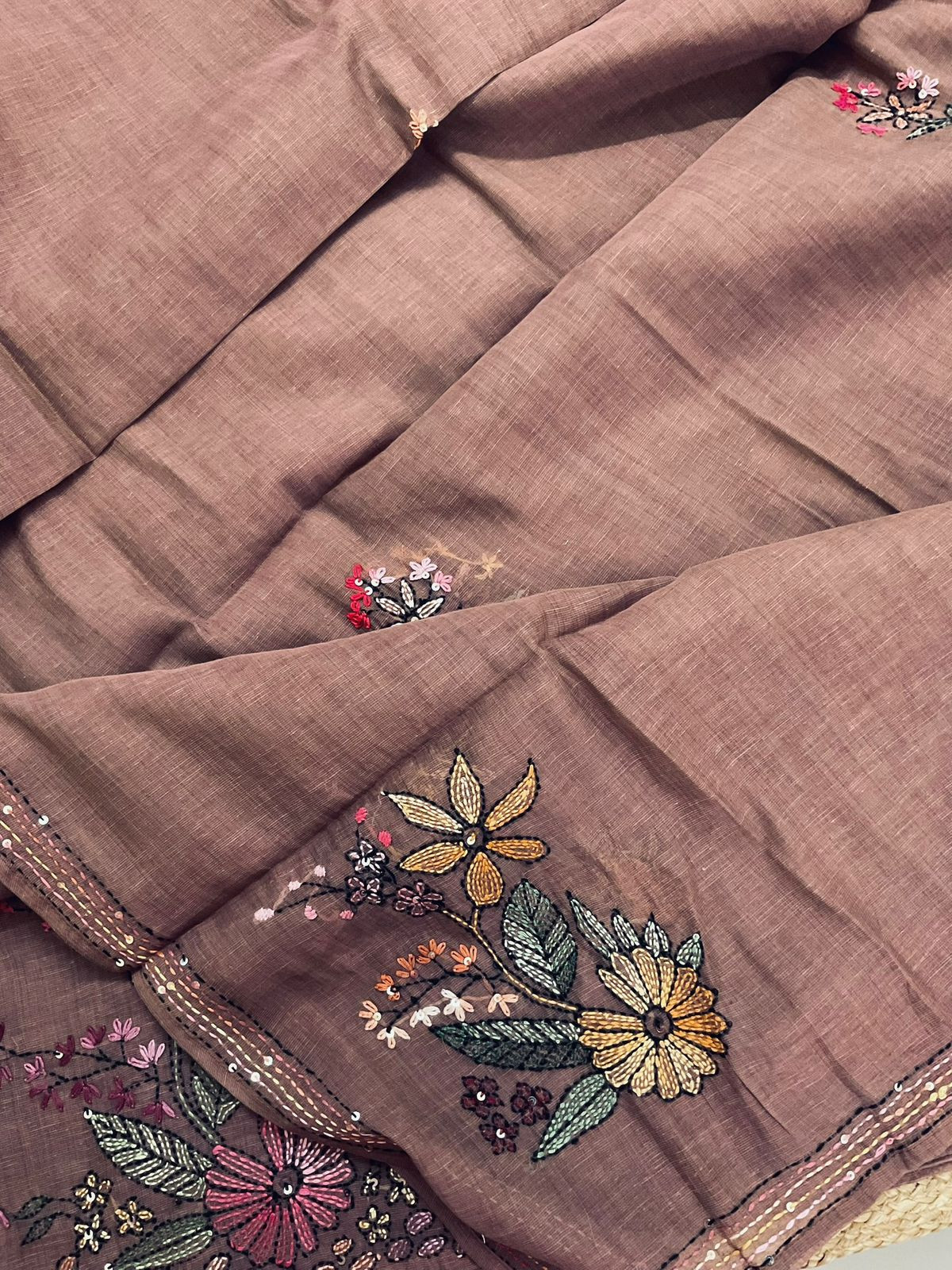 Pure Linen Slub Cotton Kantha Work Suit - Pinkish Brown