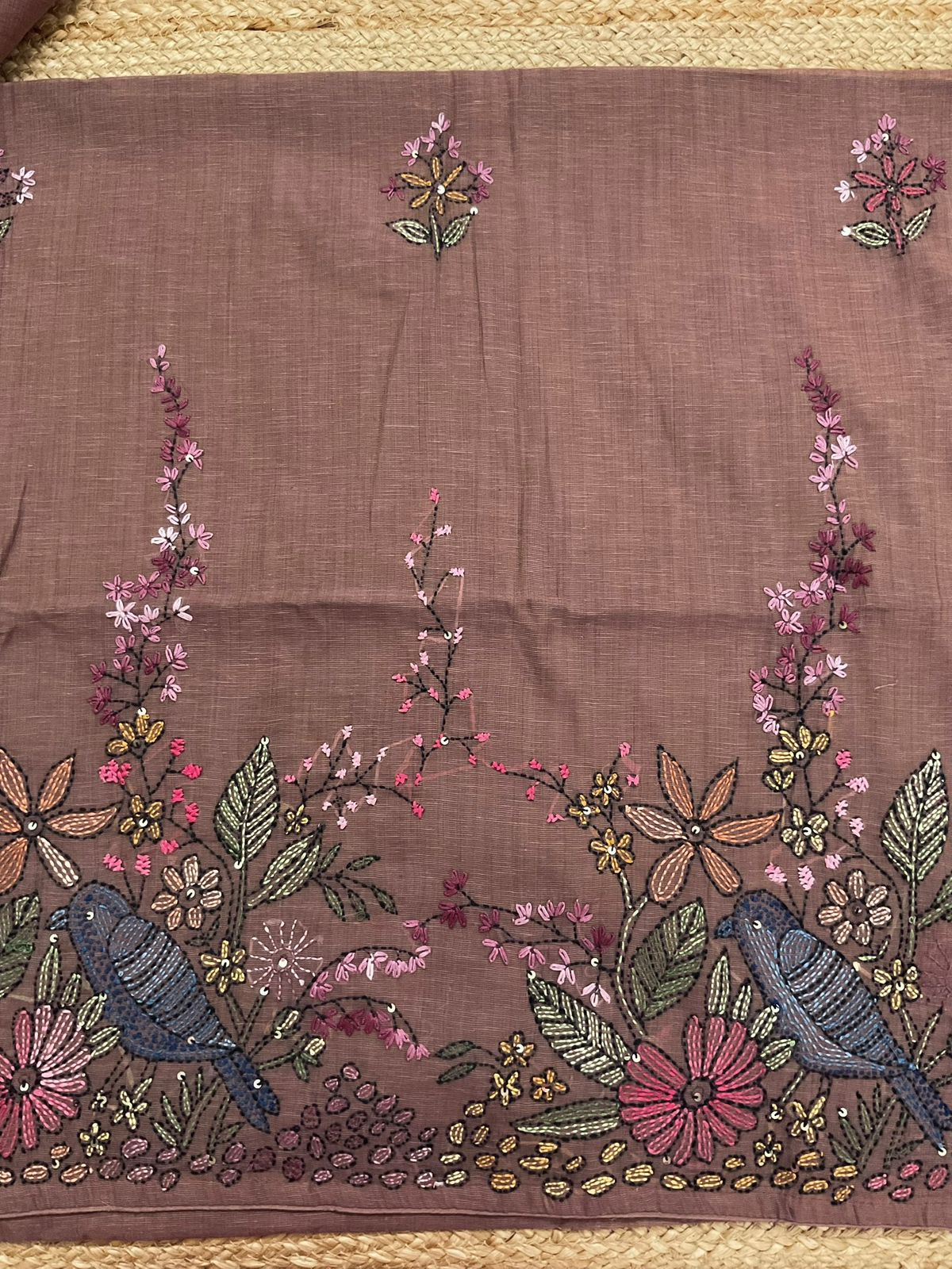 Pure Linen Slub Cotton Kantha Work Suit - Pinkish Brown