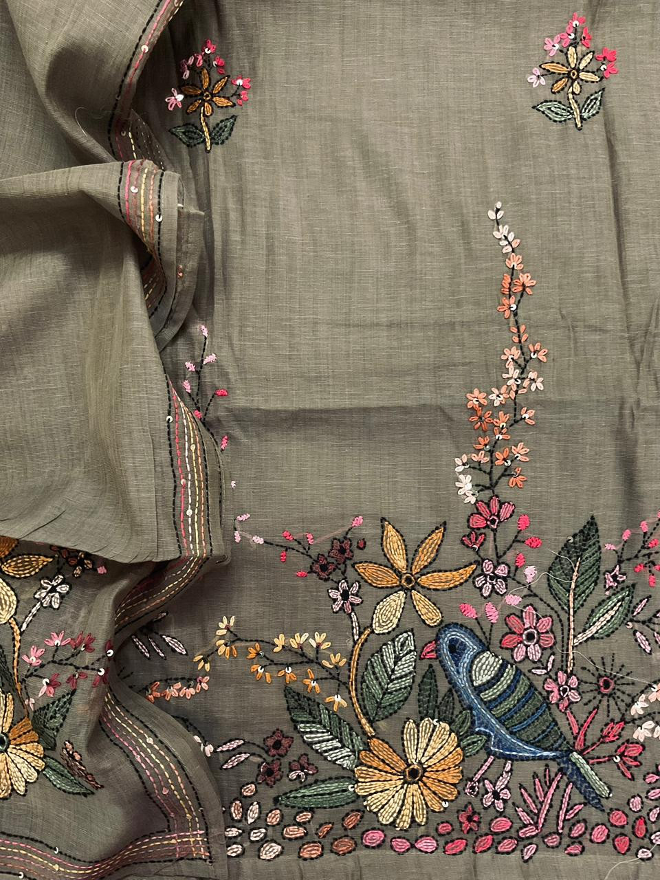 Pure Linen Slub Cotton Kantha Work Suit - Green