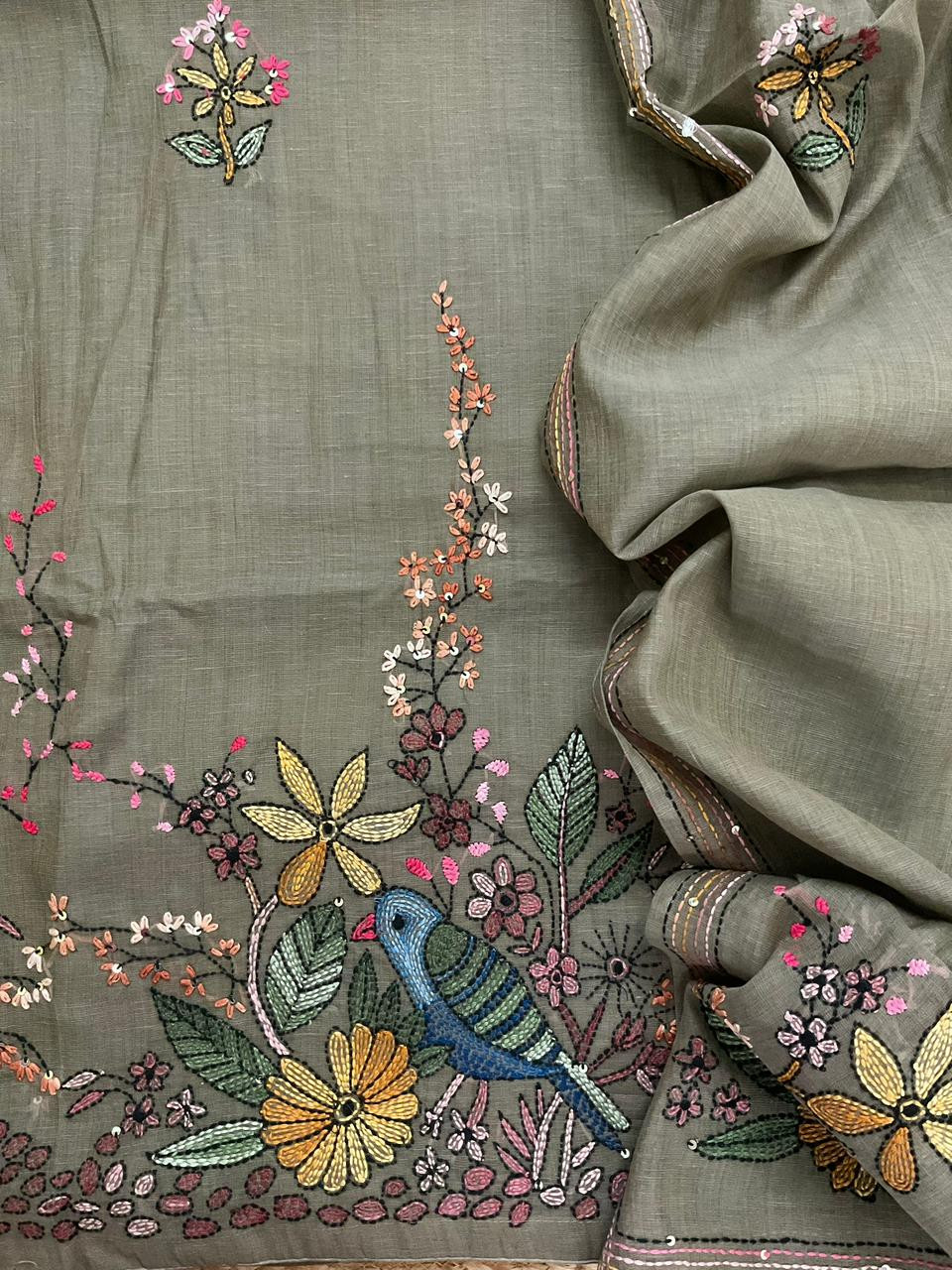 Pure Linen Slub Cotton Kantha Work Suit - Green