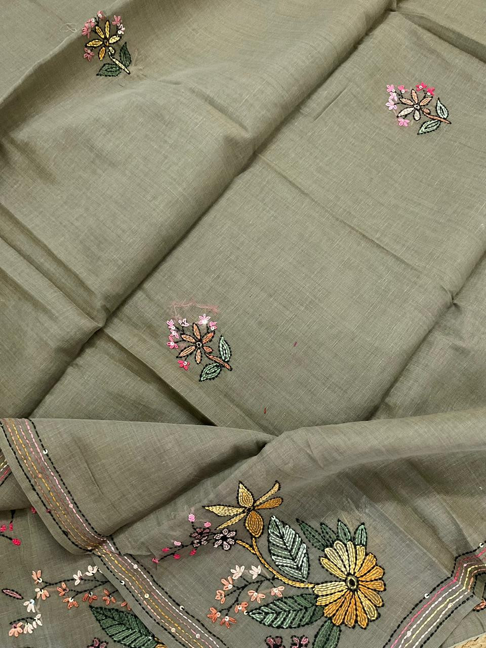 Pure Linen Slub Cotton Kantha Work Suit - Green