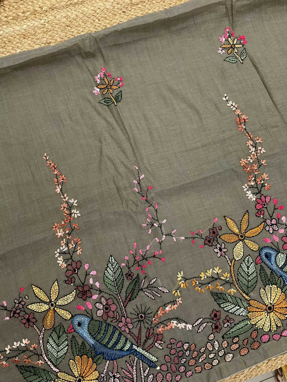 Pure Linen Slub Cotton Kantha Work Suit - Green