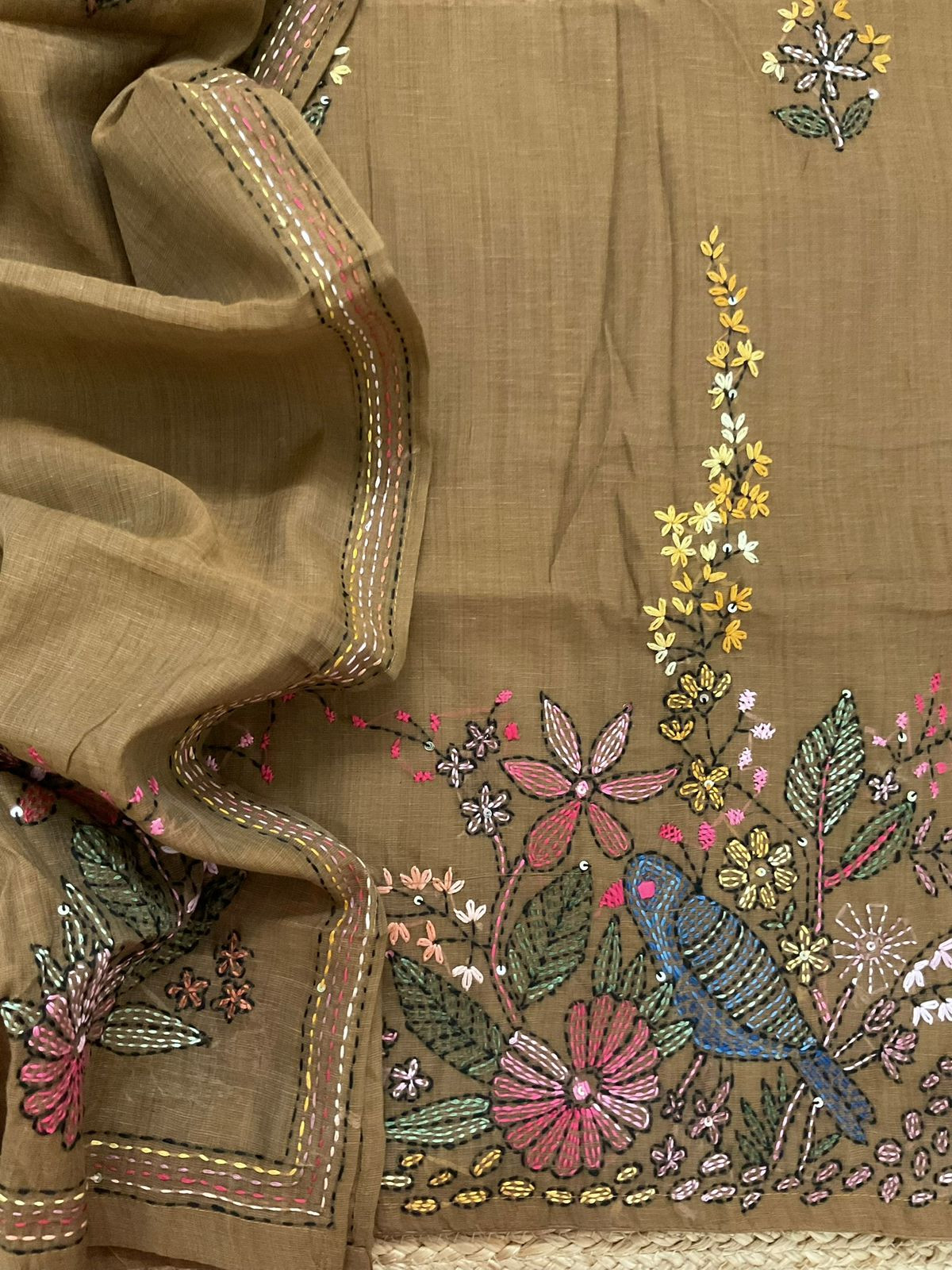 Pure Linen Slub Cotton Kantha Work Suit - Brownish Mustard