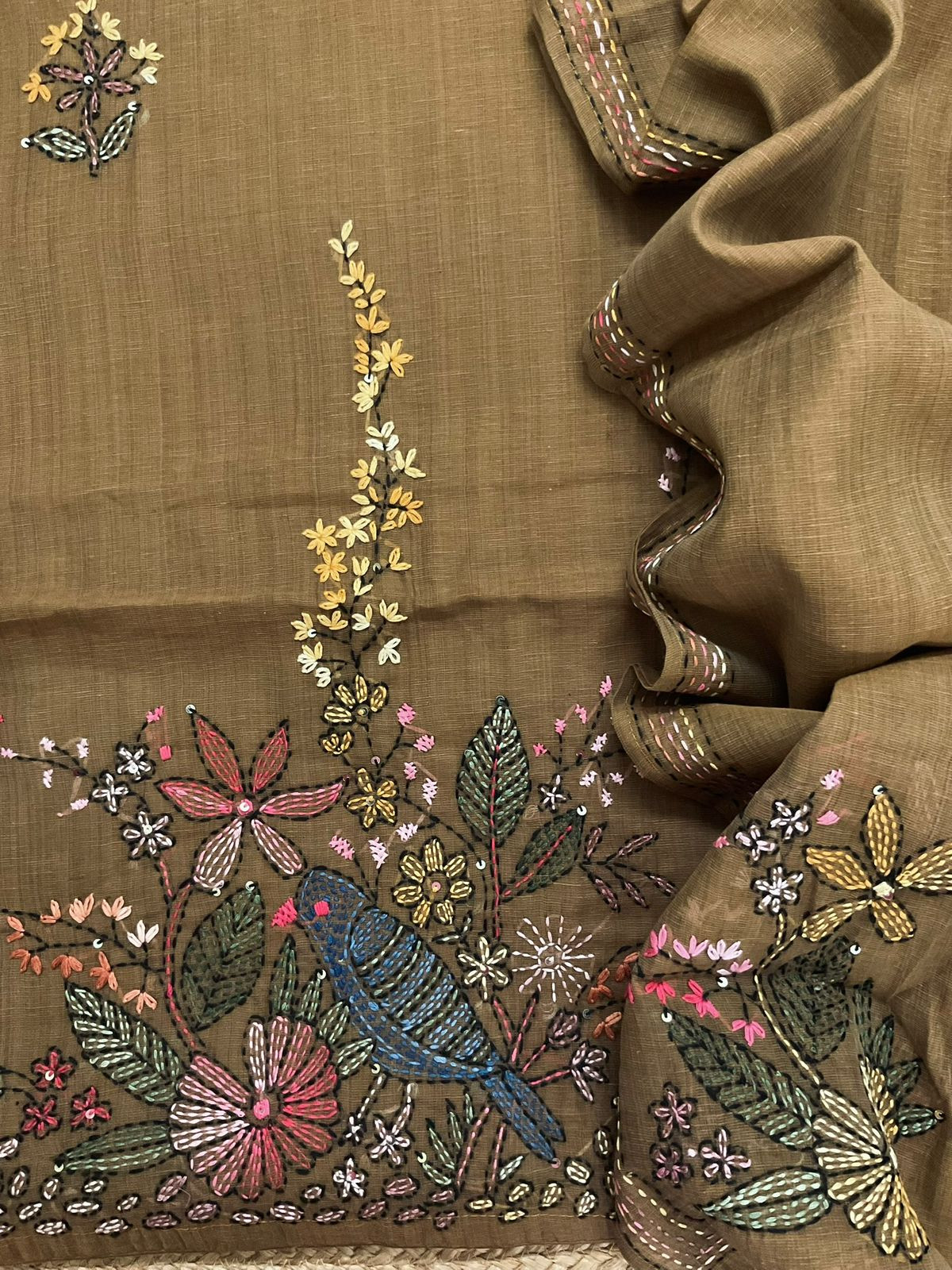 Pure Linen Slub Cotton Kantha Work Suit - Brownish Mustard