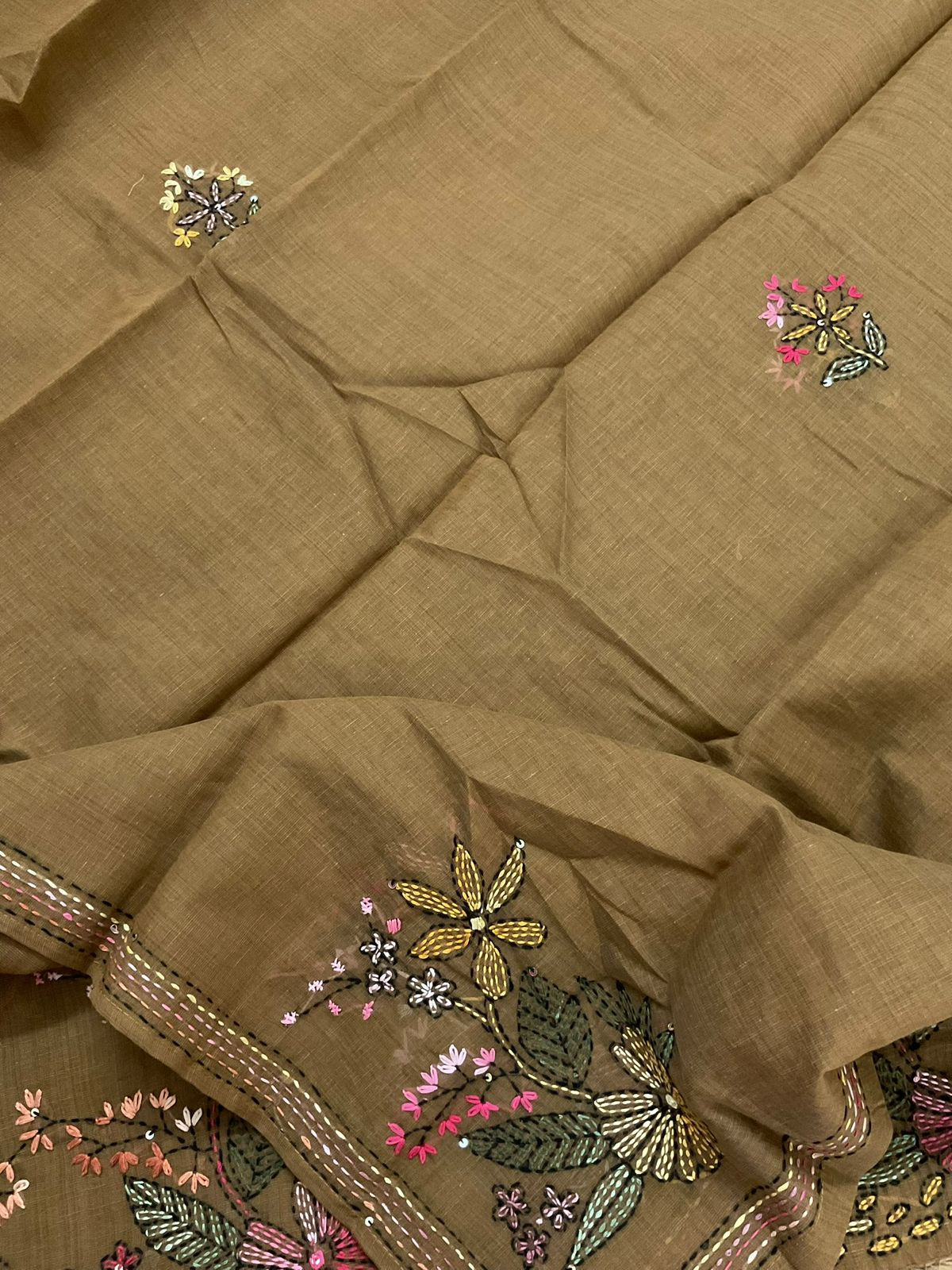 Pure Linen Slub Cotton Kantha Work Suit - Brownish Mustard