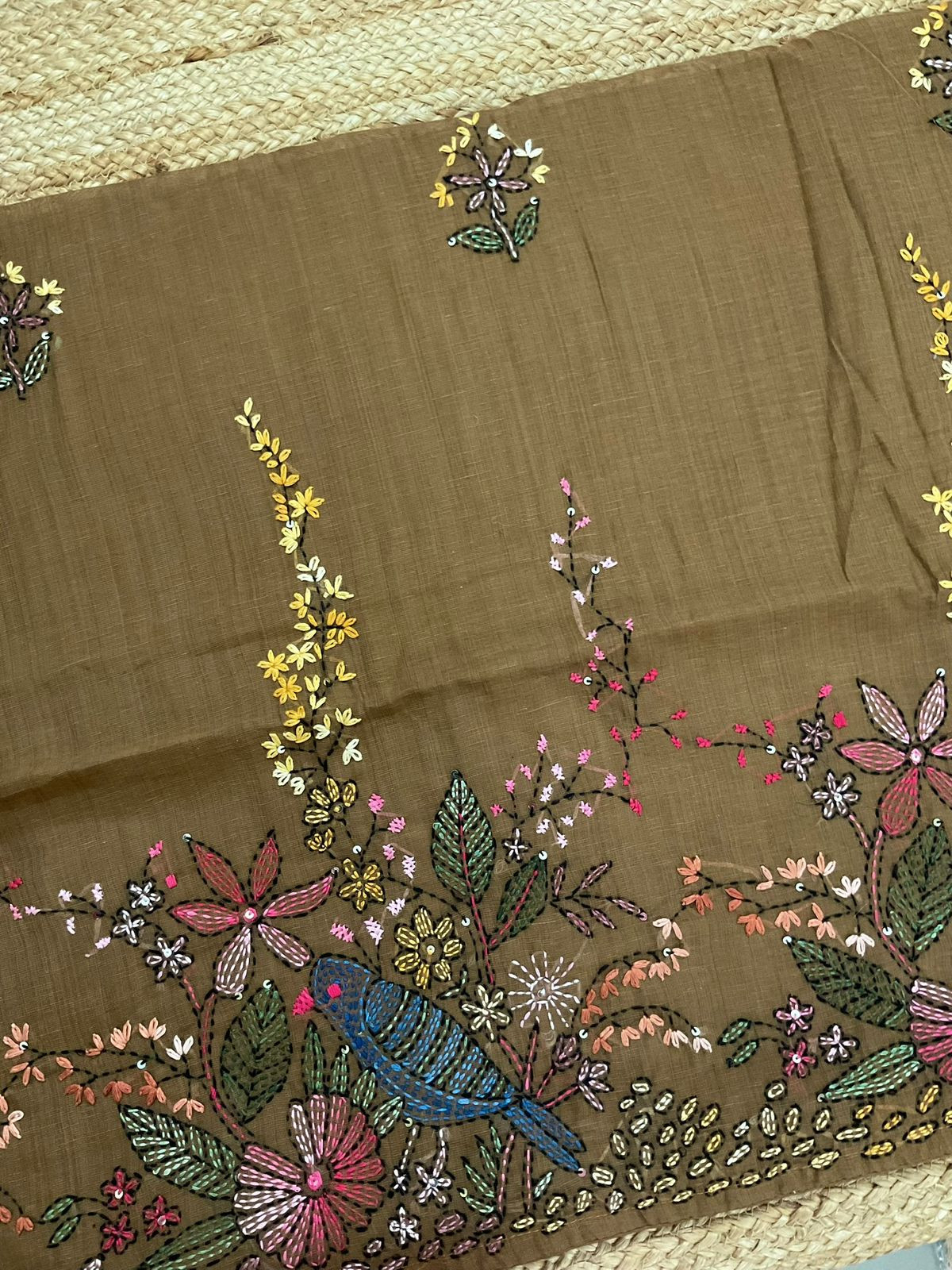 Pure Linen Slub Cotton Kantha Work Suit - Brownish Mustard