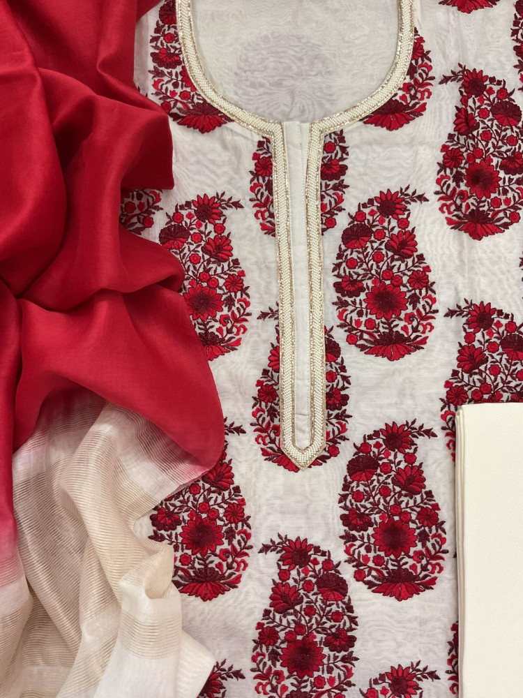 Image of Pure Chanderi Embroidered Suit - Off White