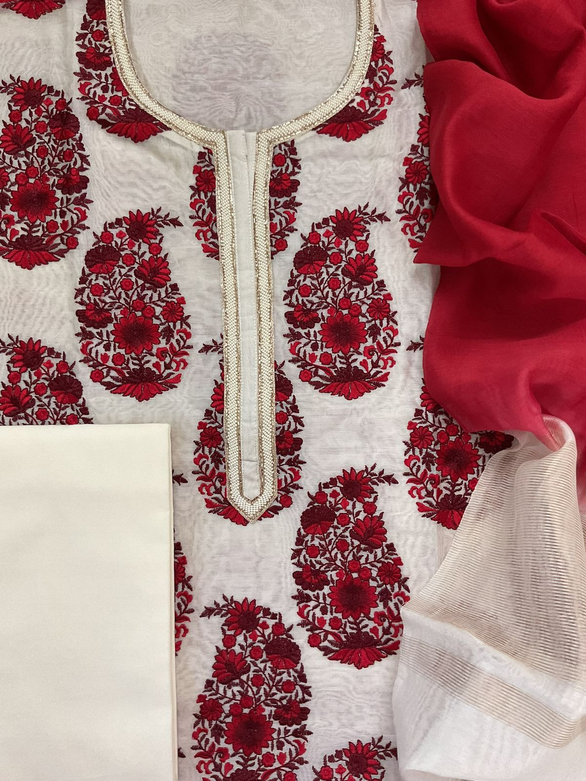 Pure Chanderi Embroidered Suit - Off White