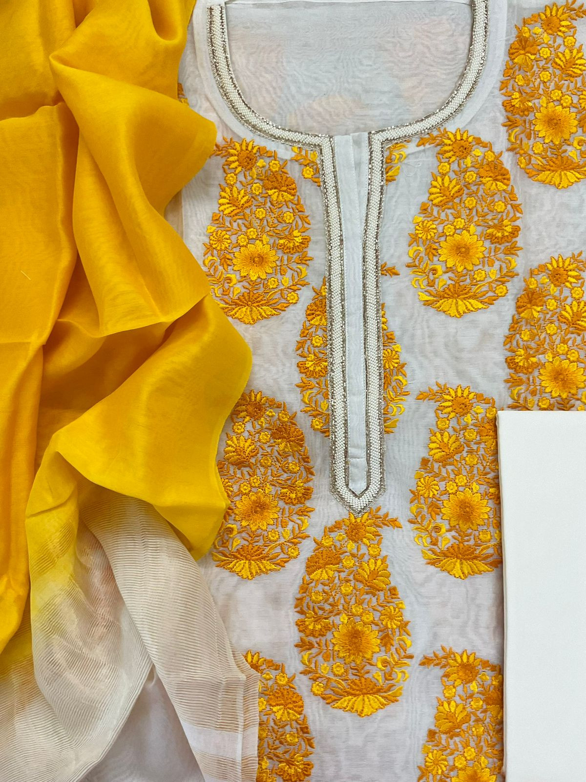 Pure Chanderi Embroidered Suit - Off White