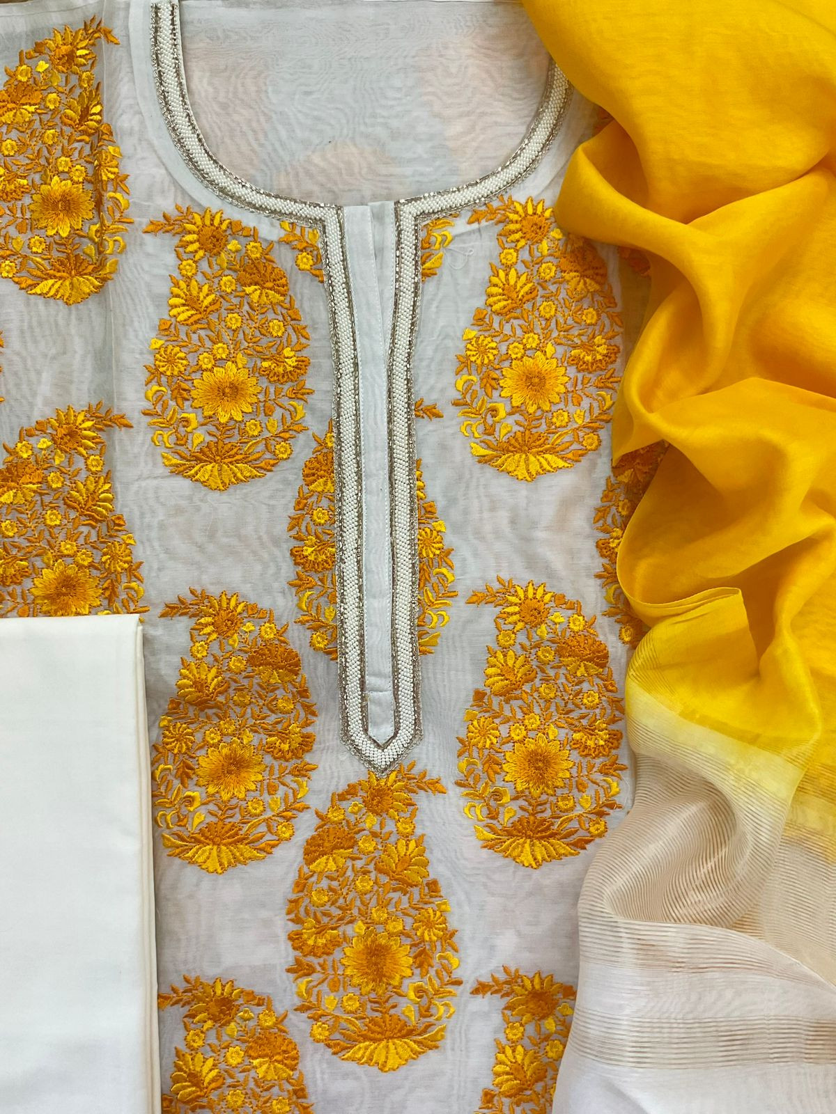 Pure Chanderi Embroidered Suit - Off White