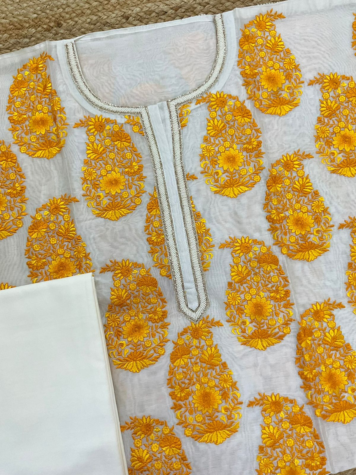 Pure Chanderi Embroidered Suit - Off White