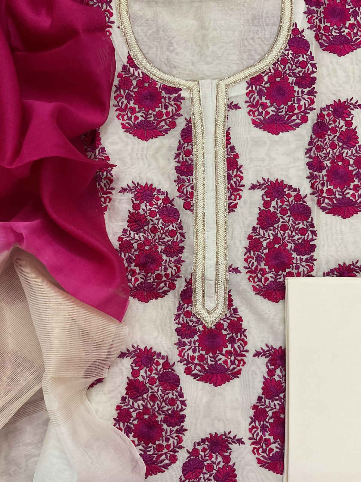 Pure Chanderi Embroidered Suit - Off White
