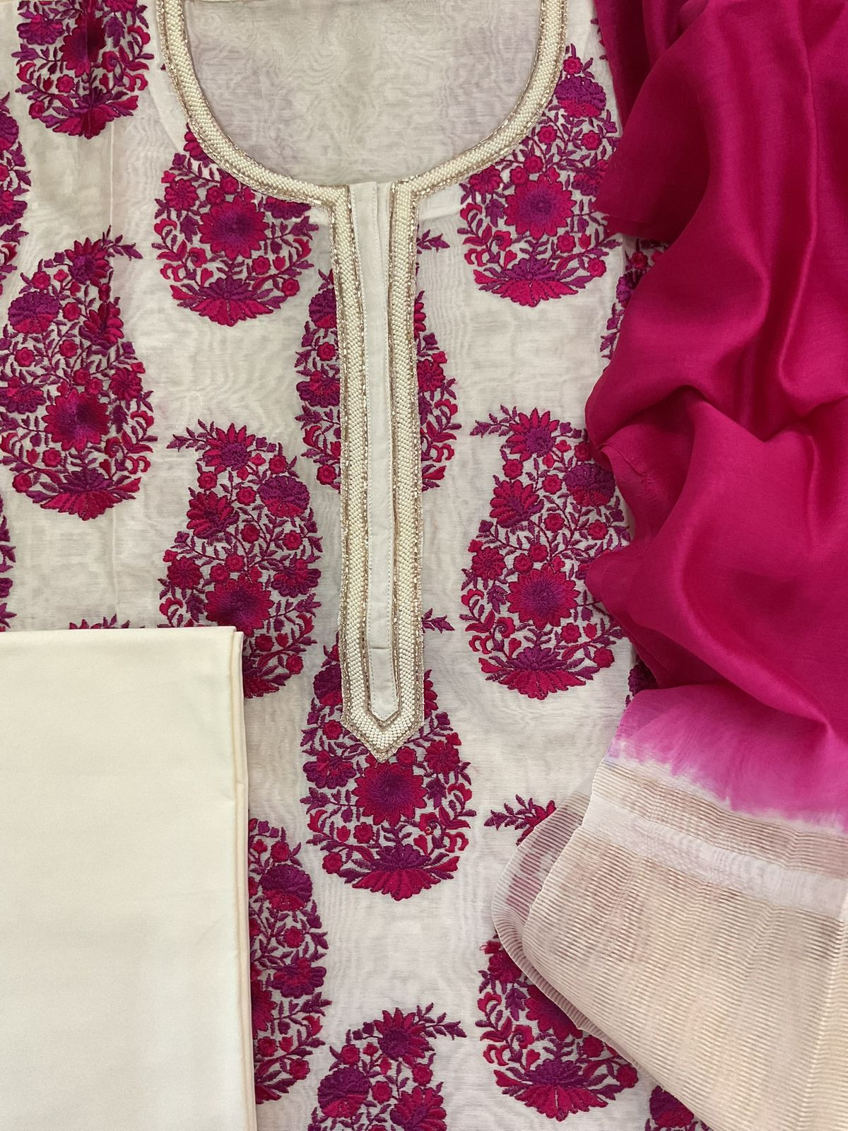 Pure Chanderi Embroidered Suit - Off White