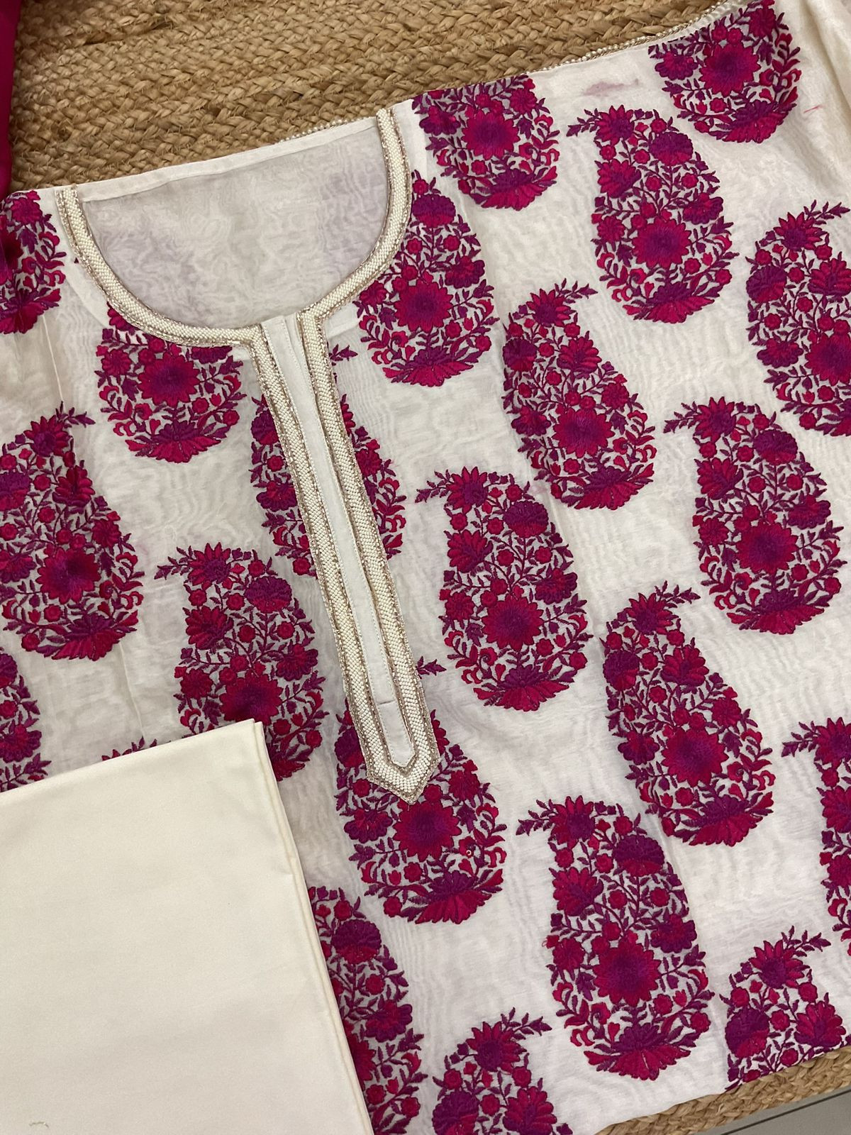 Pure Chanderi Embroidered Suit - Off White