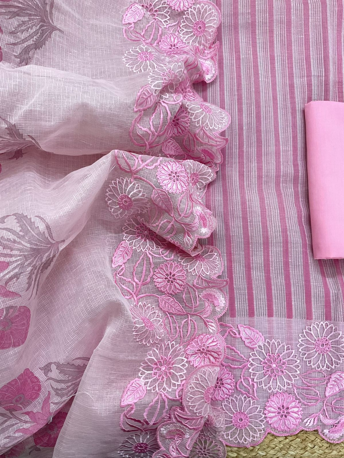 Pure Tissue Kota Silk Printed Embroidered Suit - Pink