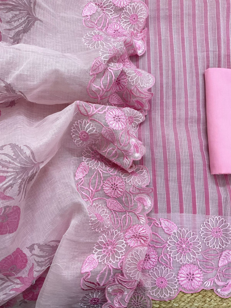 Image of Pure Tissue Kota Silk Printed Embroidered Suit - Pink