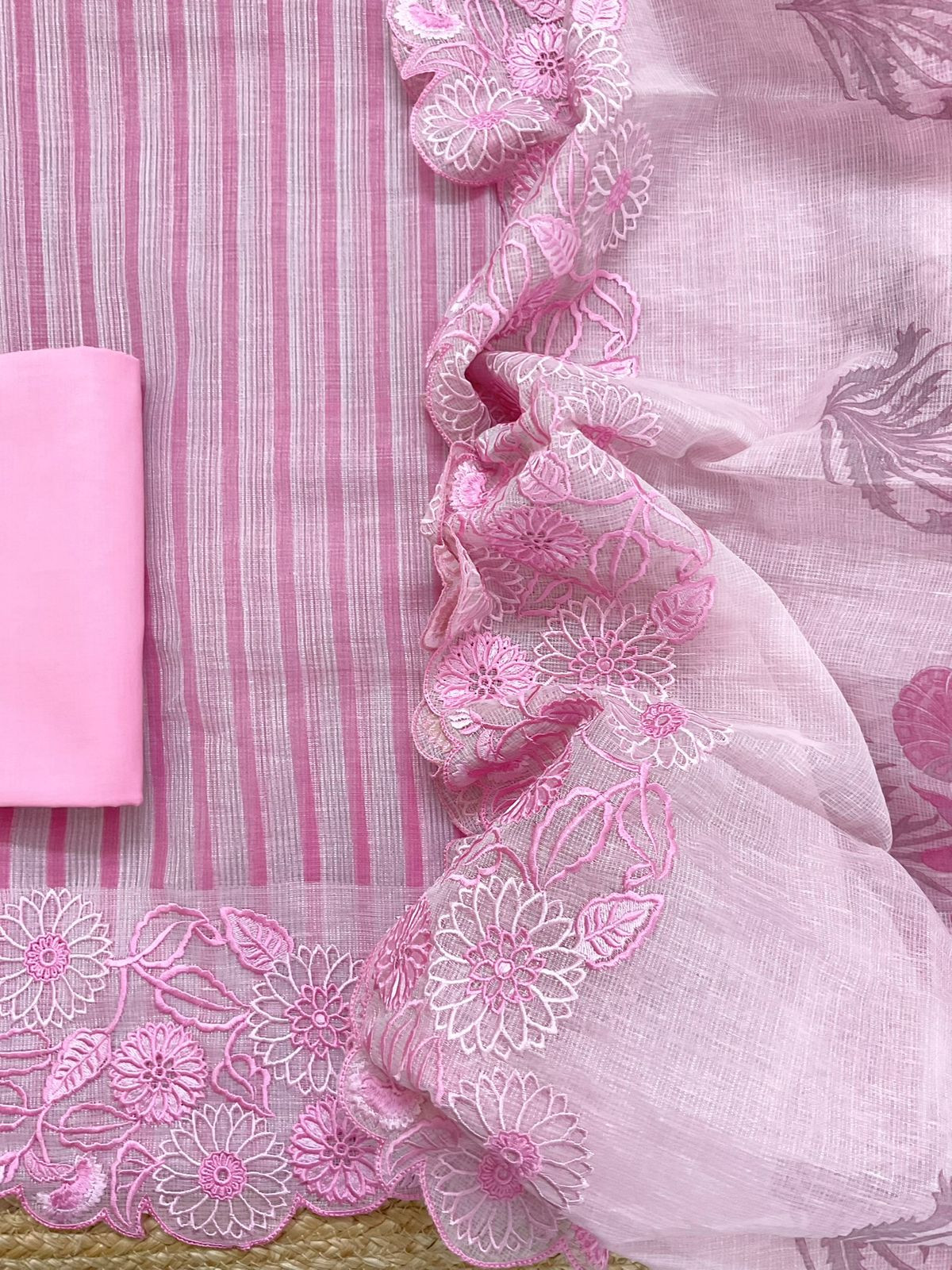 Pure Tissue Kota Silk Printed Embroidered Suit - Pink