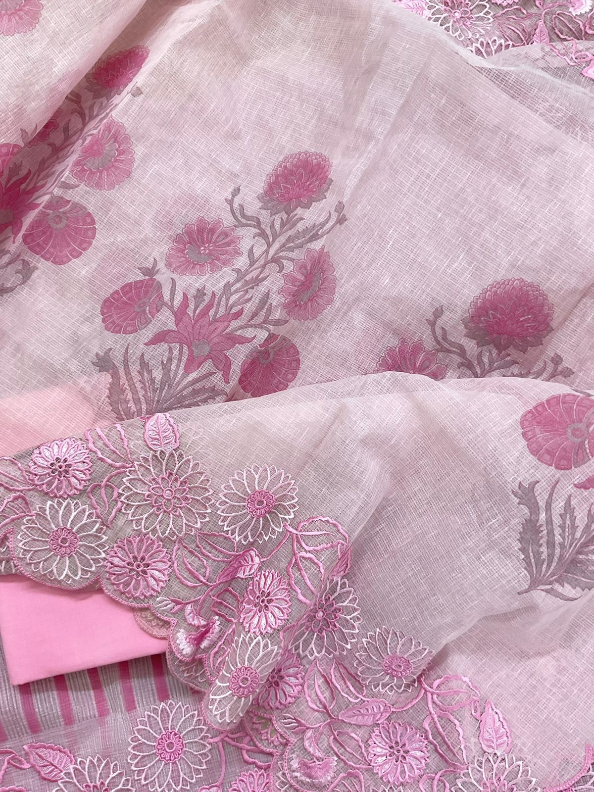 Pure Tissue Kota Silk Printed Embroidered Suit - Pink