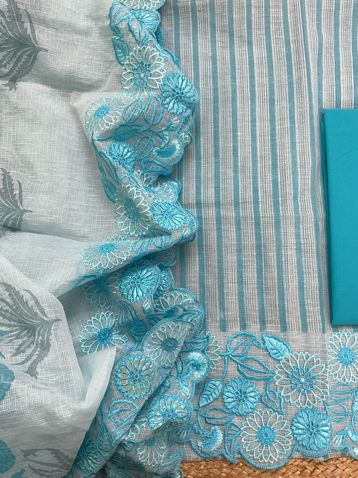 Pure Tissue Kota Silk Printed Embroidered Suit - Blue
