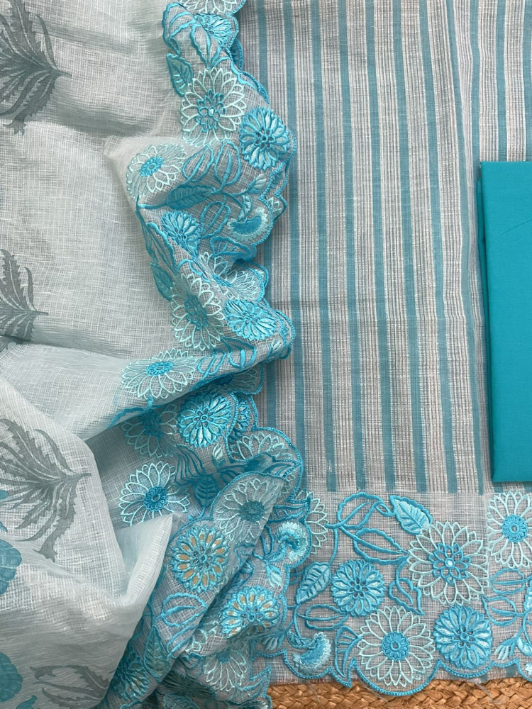 Image of Pure Tissue Kota Silk Printed Embroidered Suit - Blue