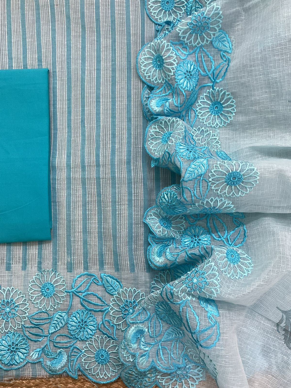 Pure Tissue Kota Silk Printed Embroidered Suit - Blue