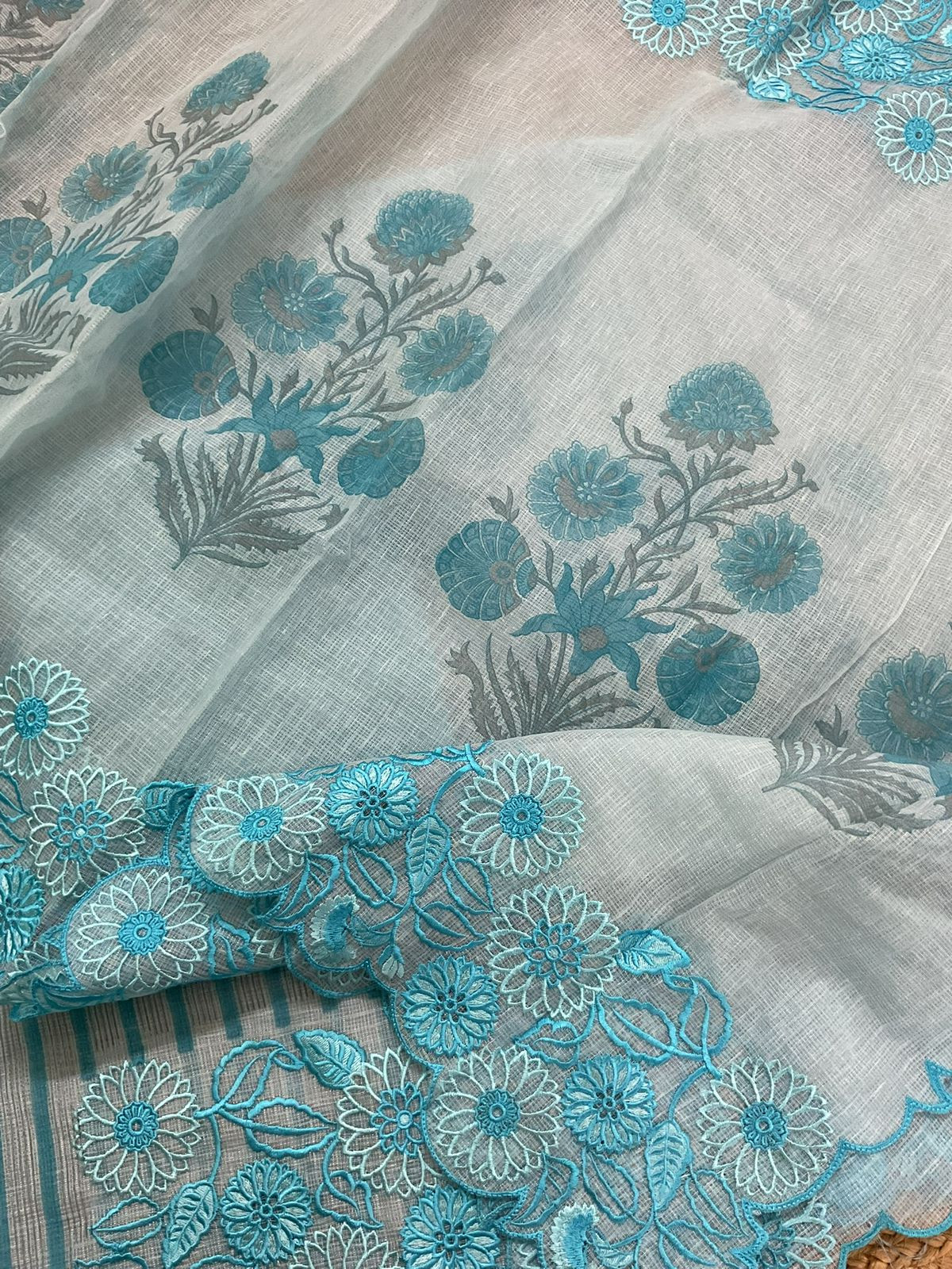 Pure Tissue Kota Silk Printed Embroidered Suit - Blue