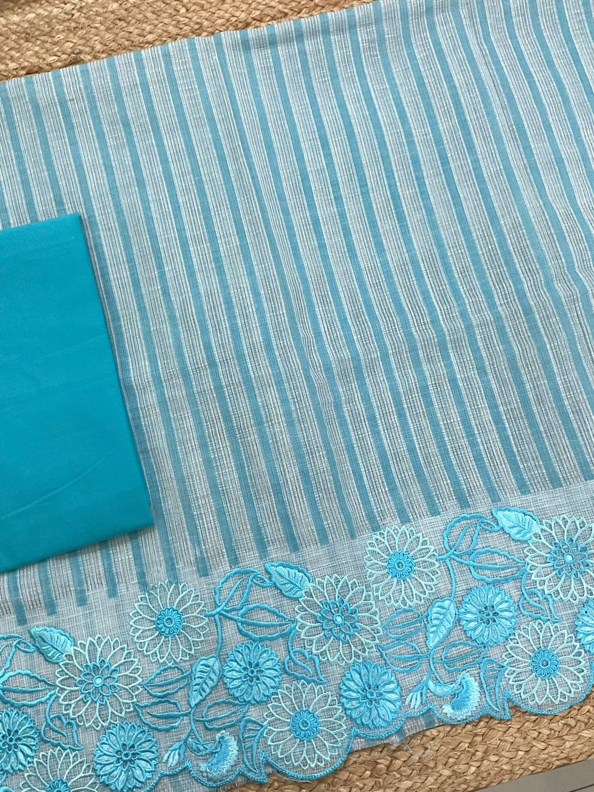 Pure Tissue Kota Silk Printed Embroidered Suit - Blue