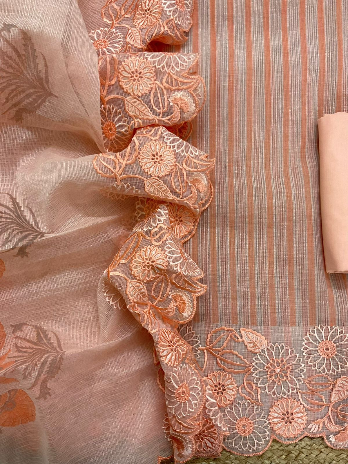 Pure Tissue Kota Silk Printed Embroidered Suit - Peach