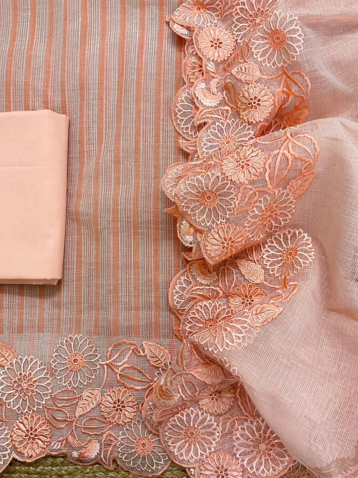 Pure Tissue Kota Silk Printed Embroidered Suit - Peach