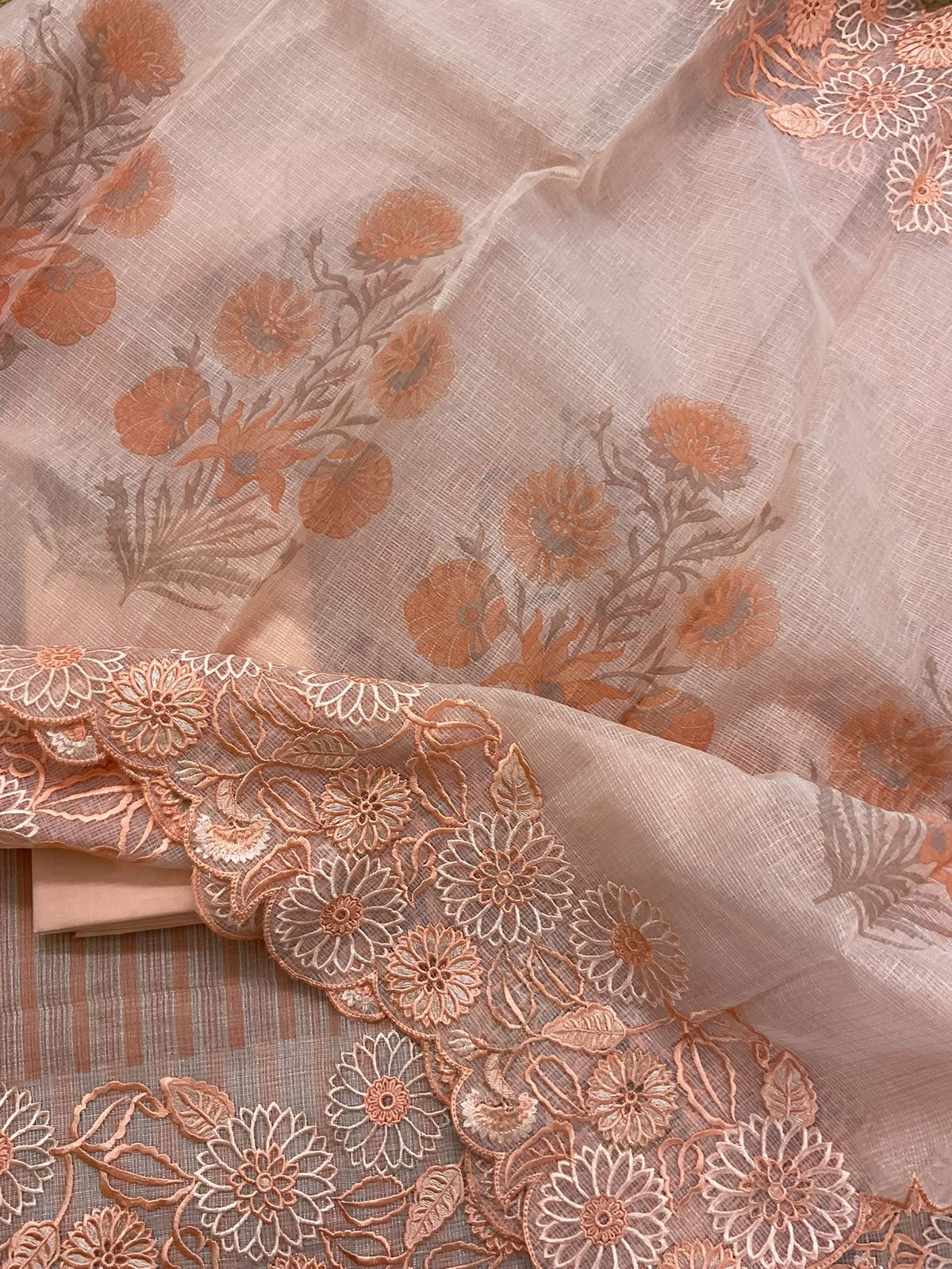 Pure Tissue Kota Silk Printed Embroidered Suit - Peach