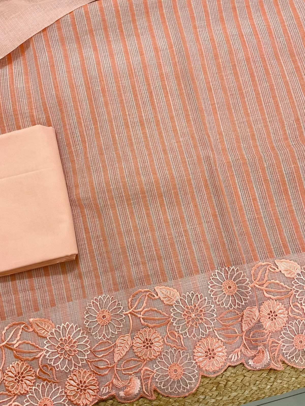 Pure Tissue Kota Silk Printed Embroidered Suit - Peach