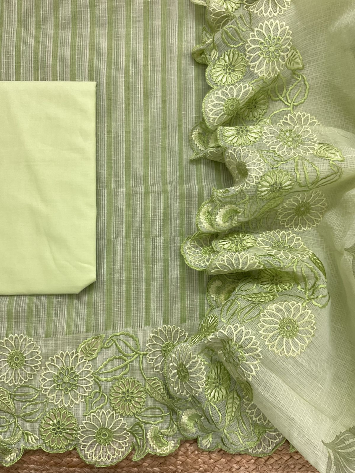 Pure Tissue Kota Silk Printed Embroidered Suit - Green