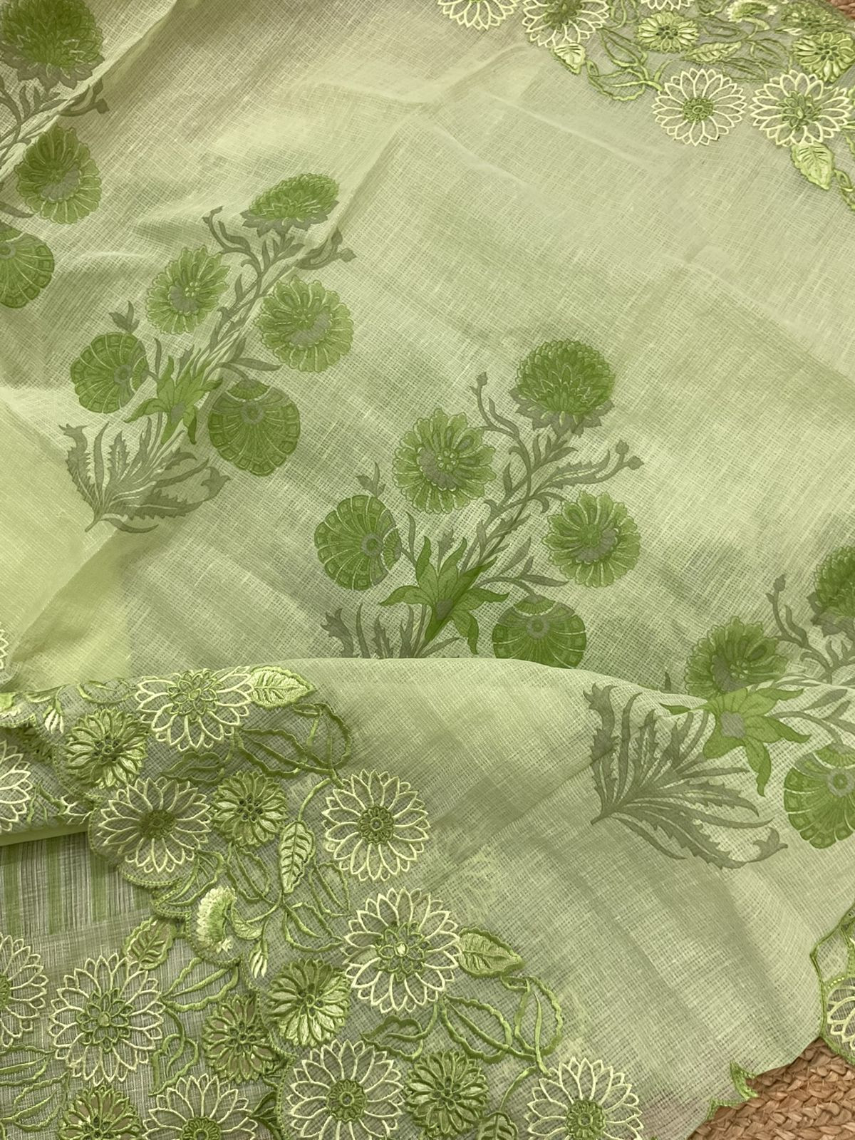 Pure Tissue Kota Silk Printed Embroidered Suit - Green
