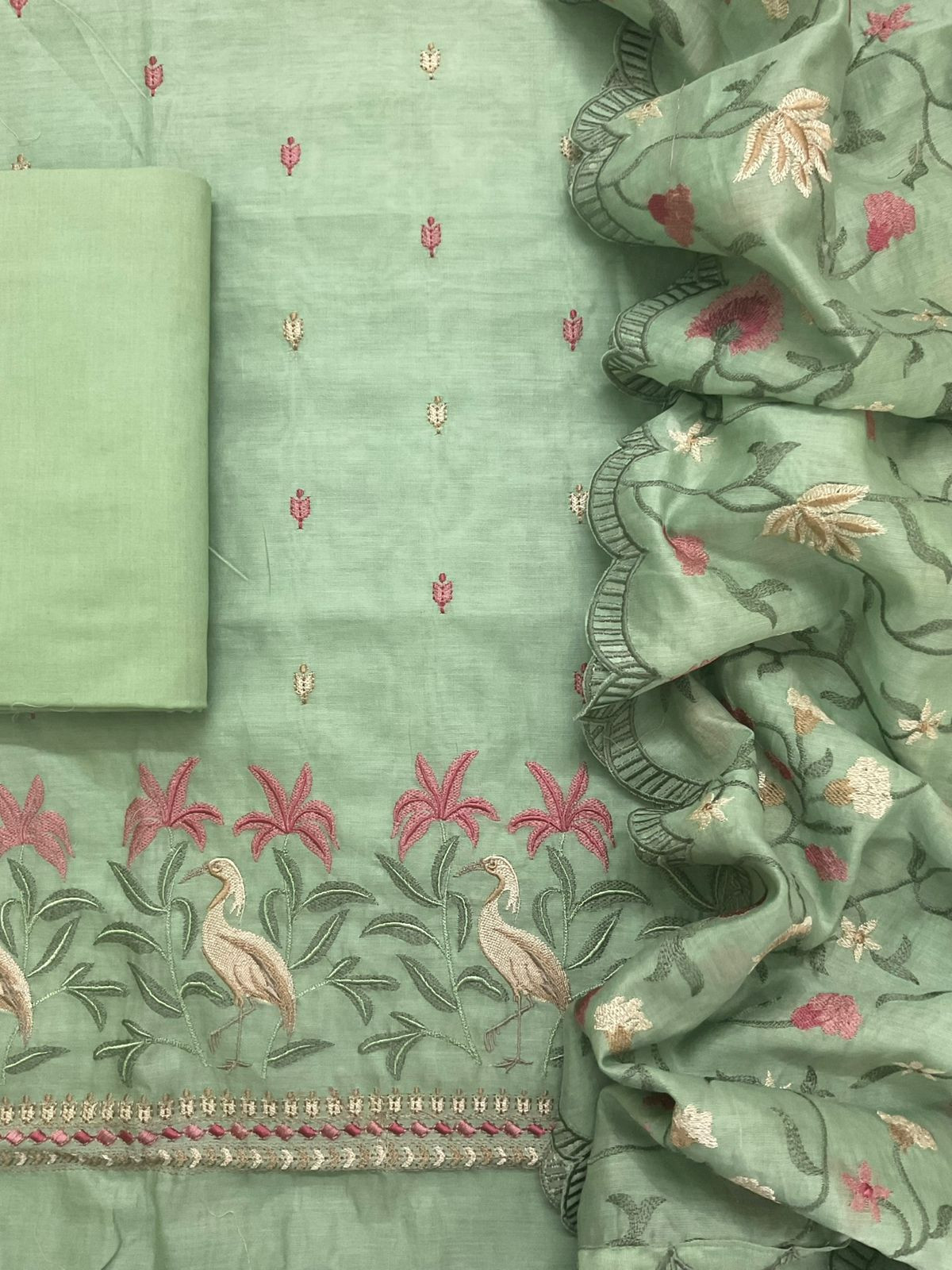 Pure Mul Chanderi Embroidered Suit - Green