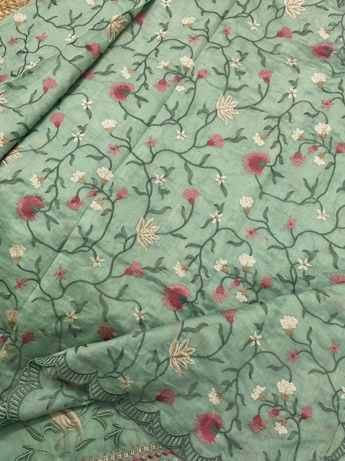 Pure Mul Chanderi Embroidered Suit - Green
