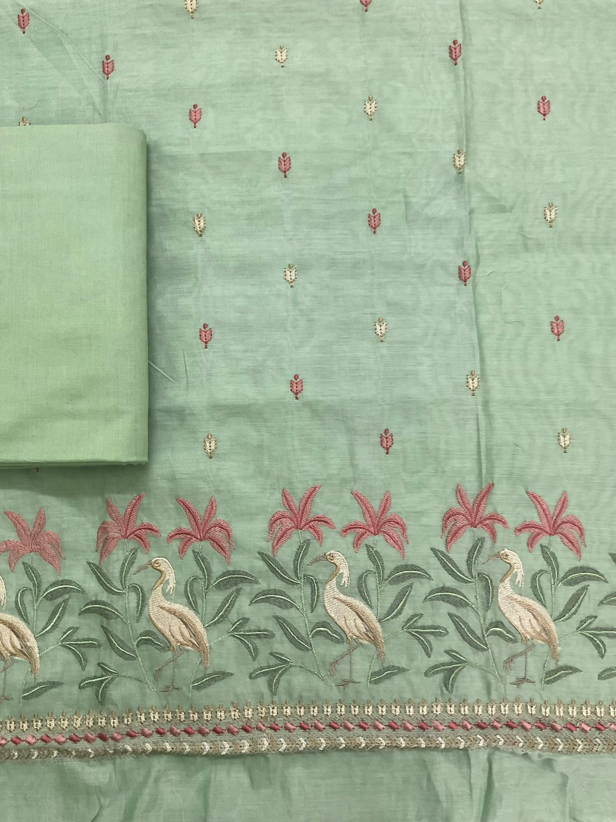 Pure Mul Chanderi Embroidered Suit - Green