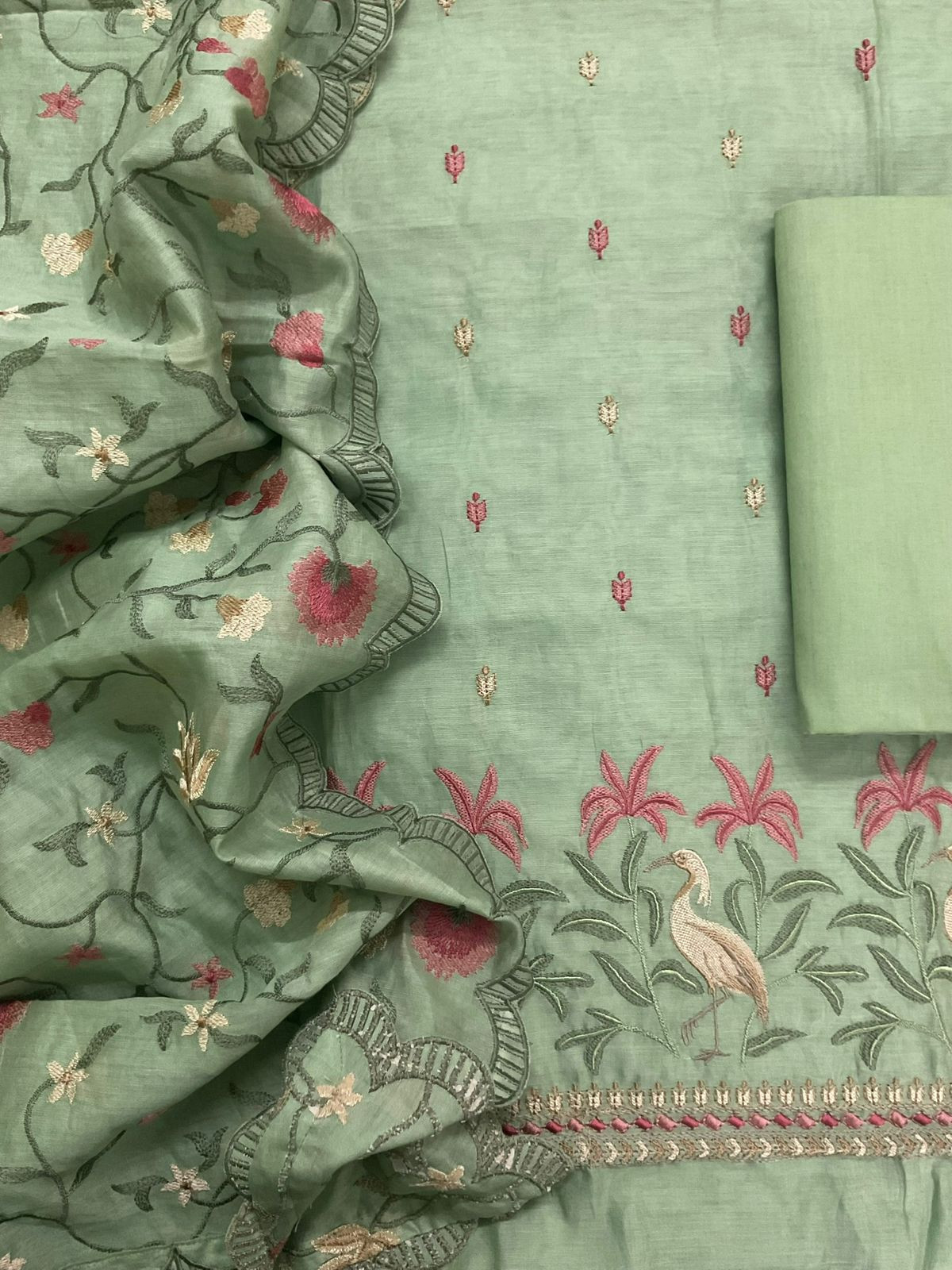 Pure Mul Chanderi Embroidered Suit - Green