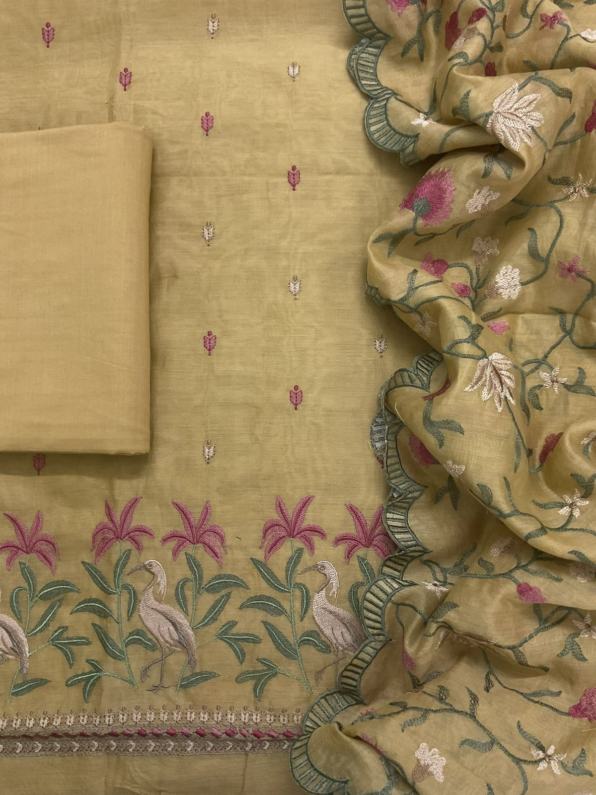 Pure Mul Chanderi Embroidered Suit - Mustard