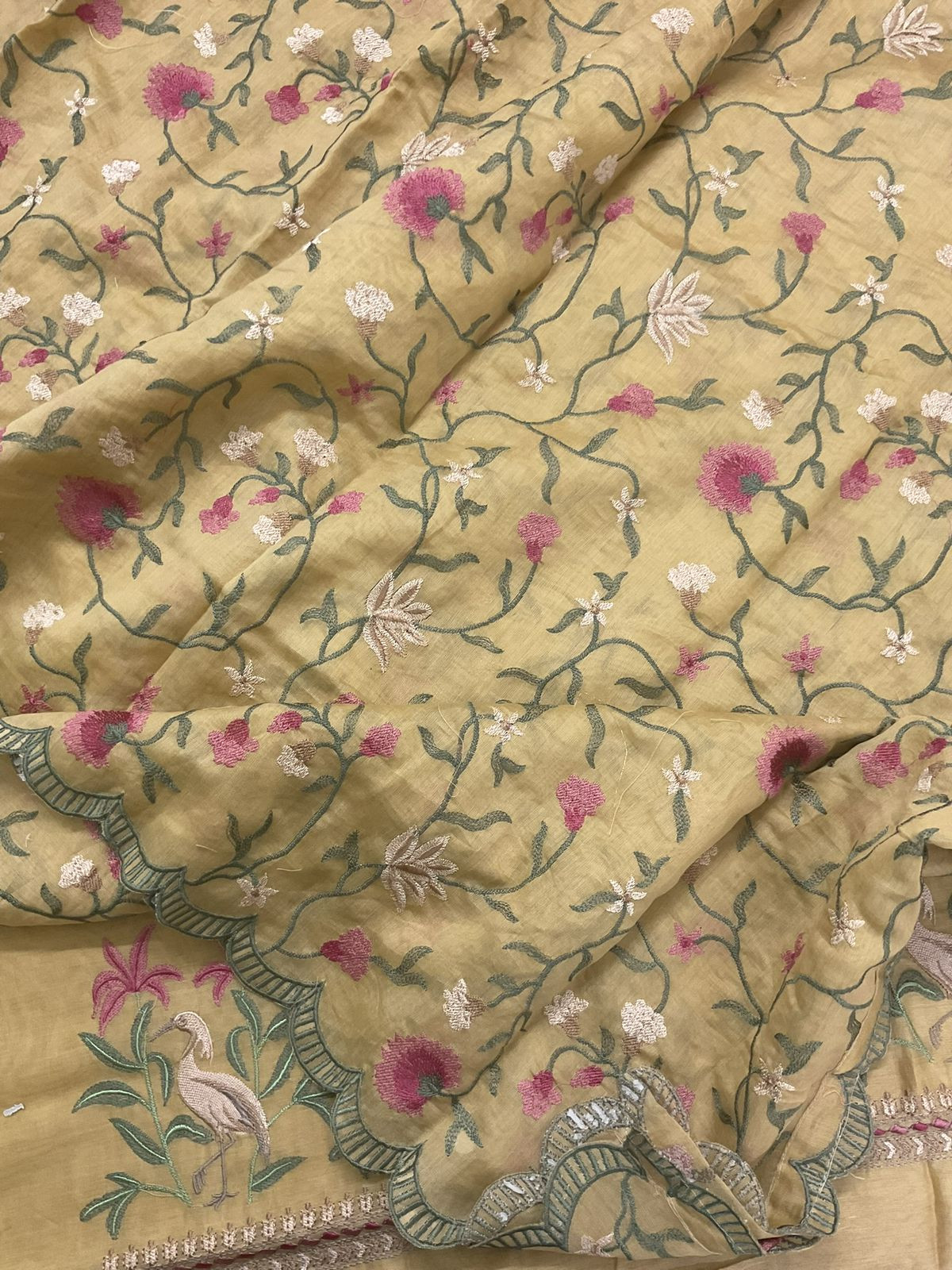 Pure Mul Chanderi Embroidered Suit - Mustard