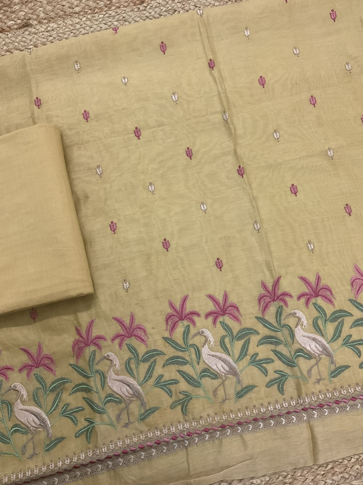 Pure Mul Chanderi Embroidered Suit - Mustard