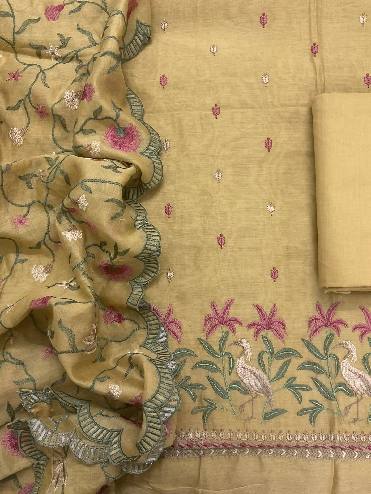Pure Mul Chanderi Embroidered Suit - Mustard