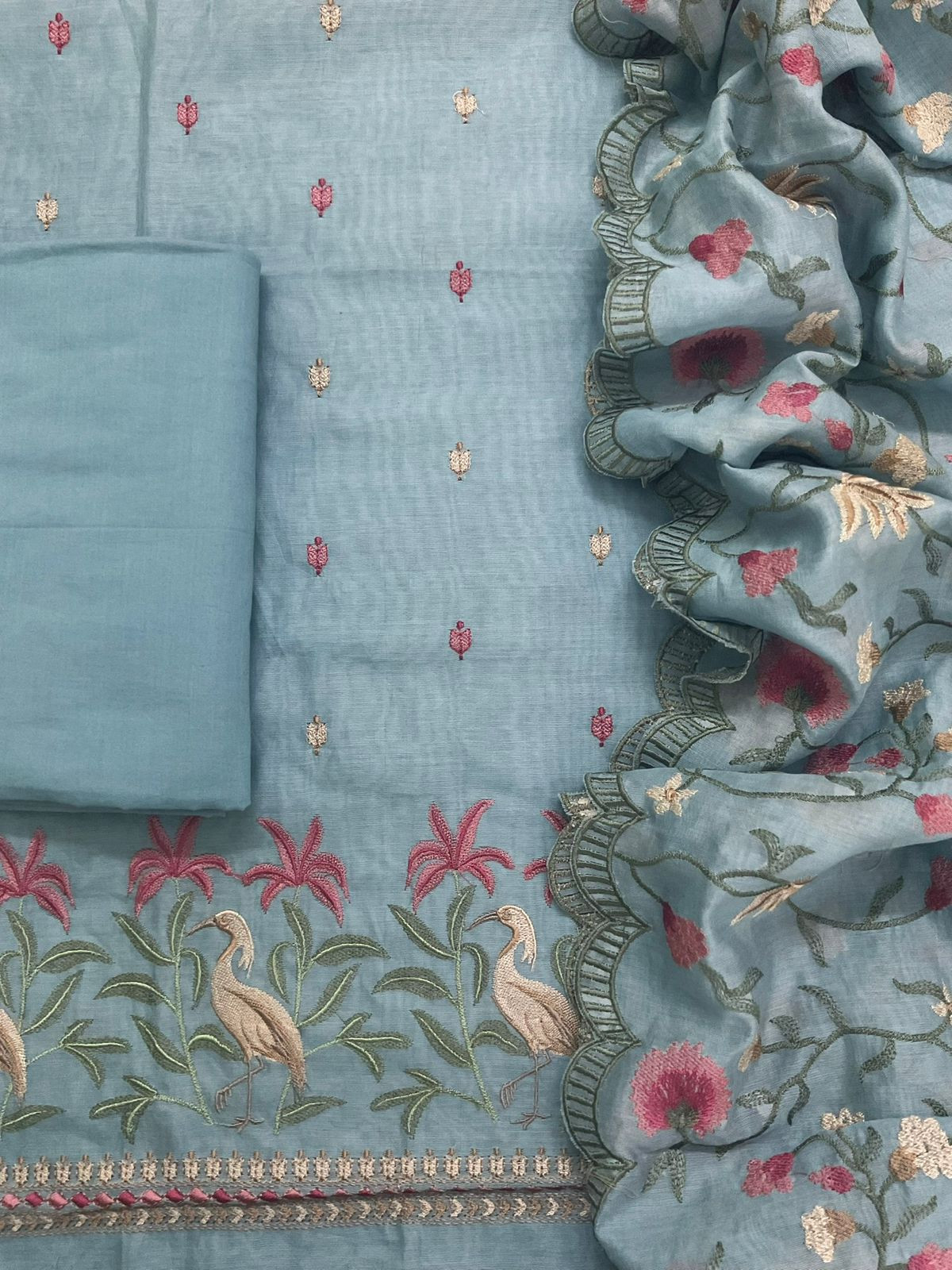 Pure Mul Chanderi Embroidered Suit - Blue