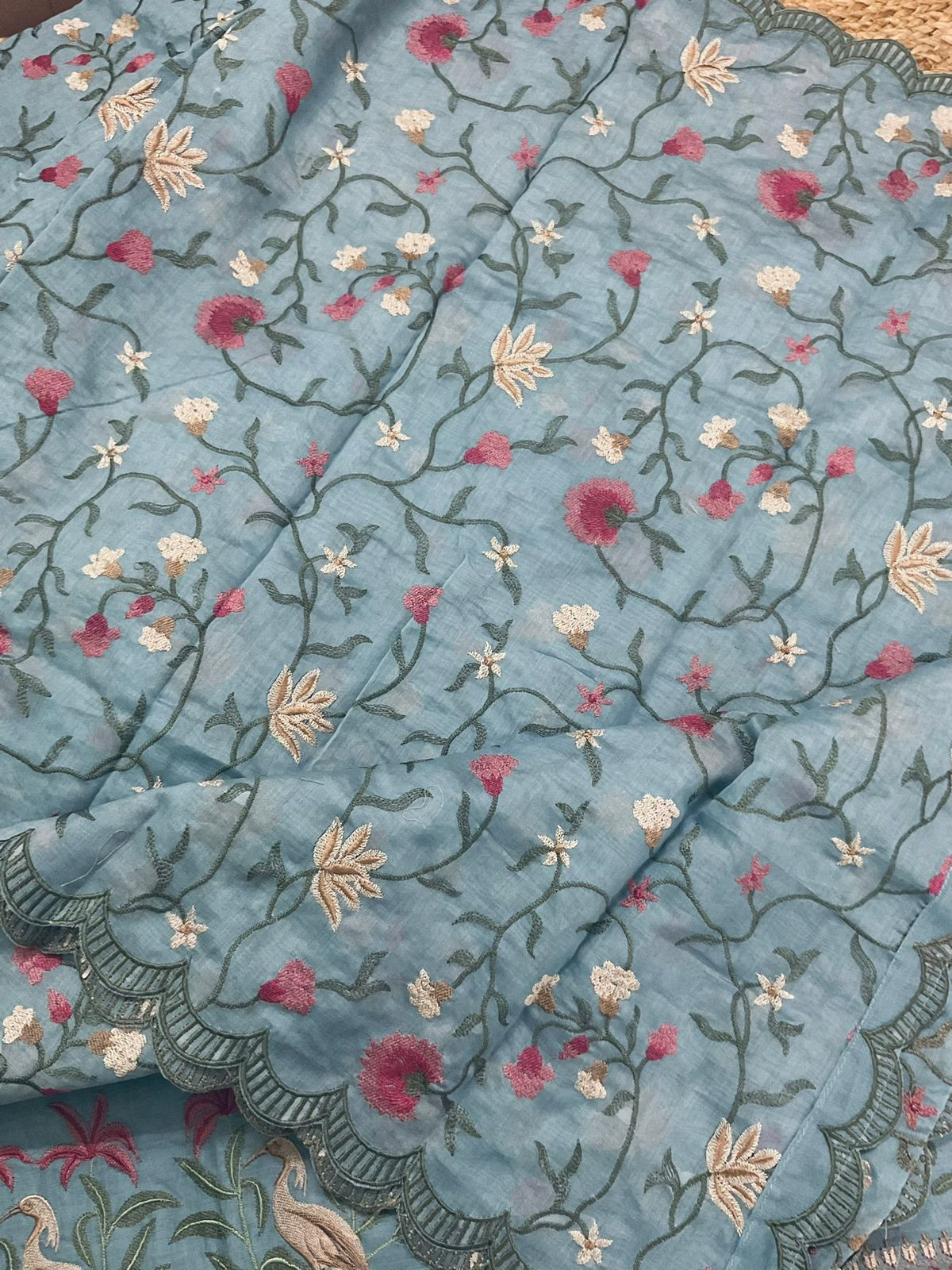Pure Mul Chanderi Embroidered Suit - Blue