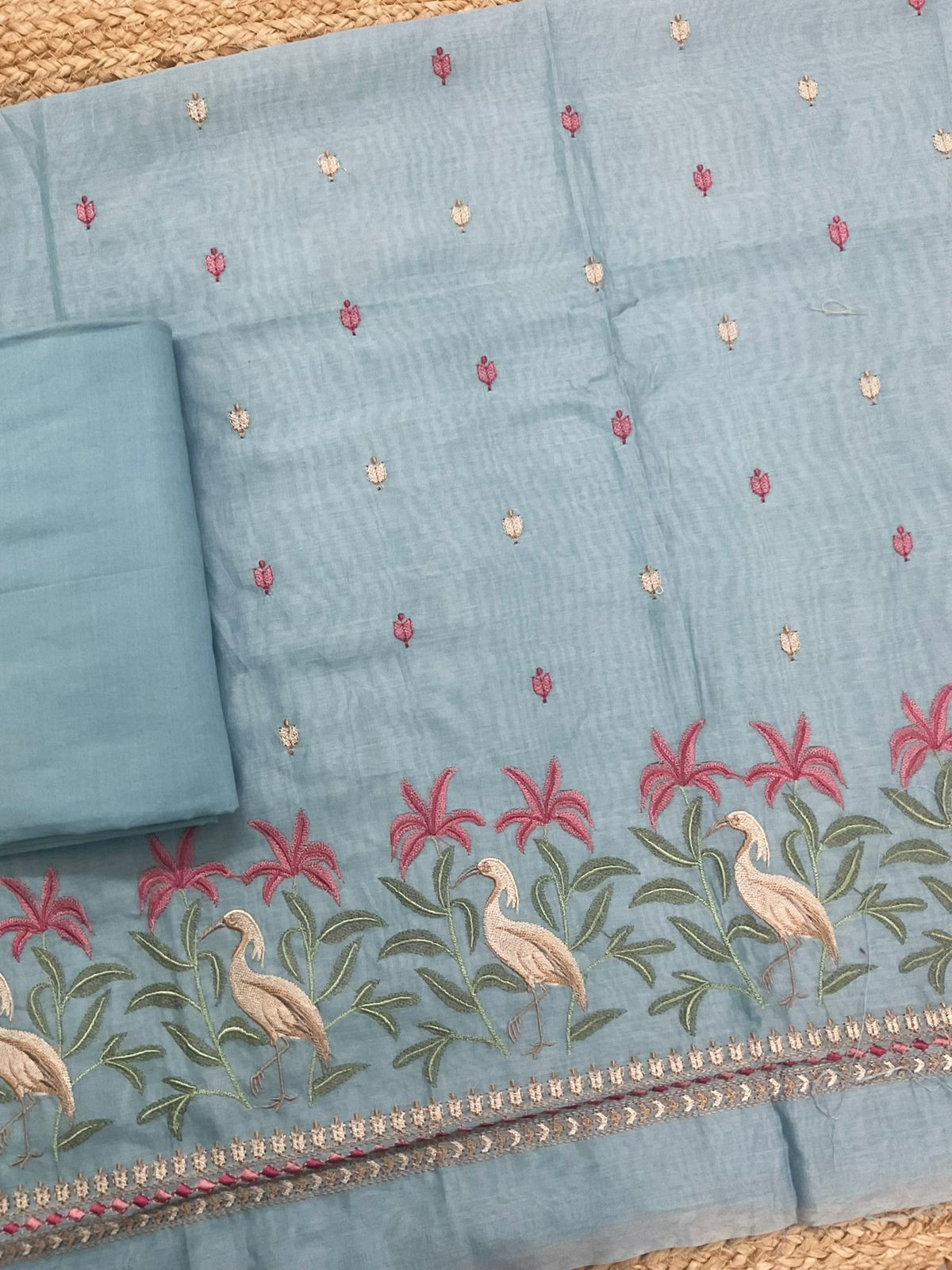 Pure Mul Chanderi Embroidered Suit - Blue