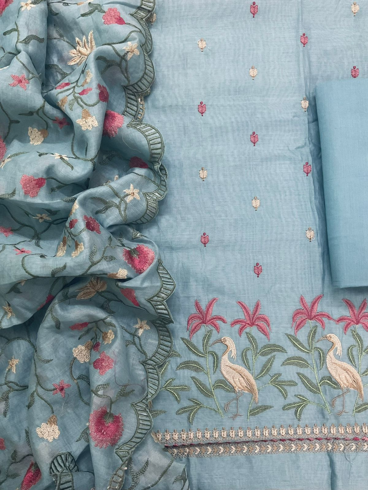 Pure Mul Chanderi Embroidered Suit - Blue
