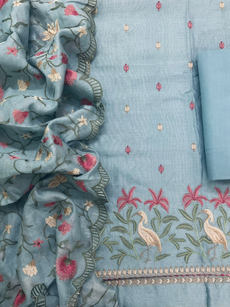 Image of Pure Mul Chanderi Embroidered Suit - Blue