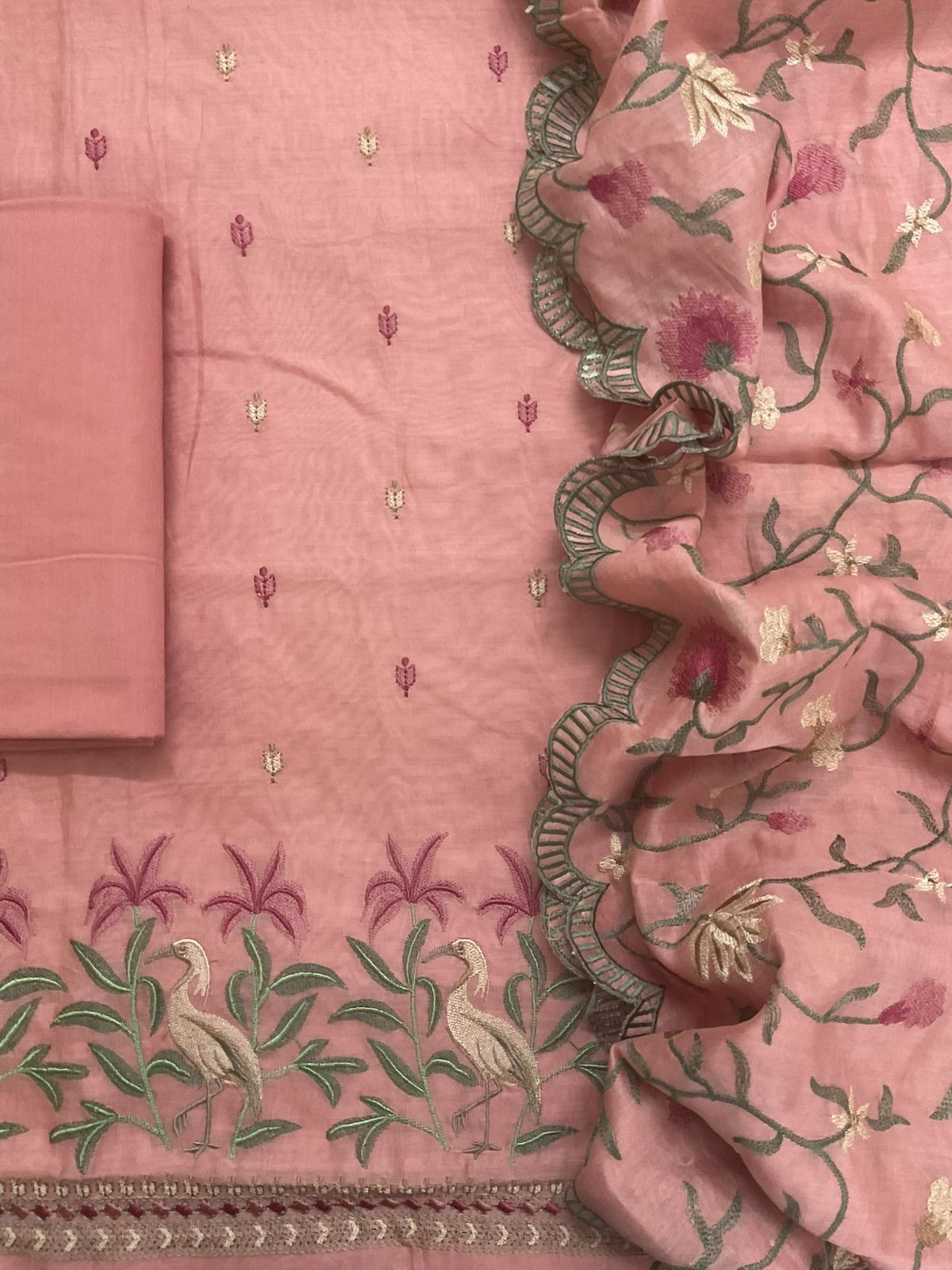 Pure Mul Chanderi Embroidered Suit - Peach