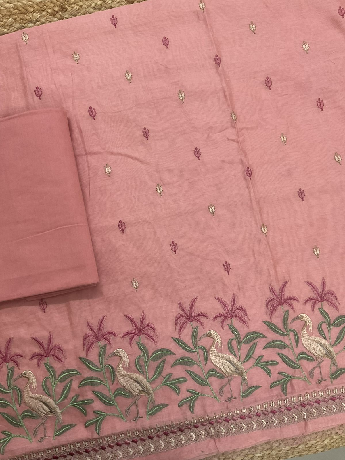 Pure Mul Chanderi Embroidered Suit - Peach