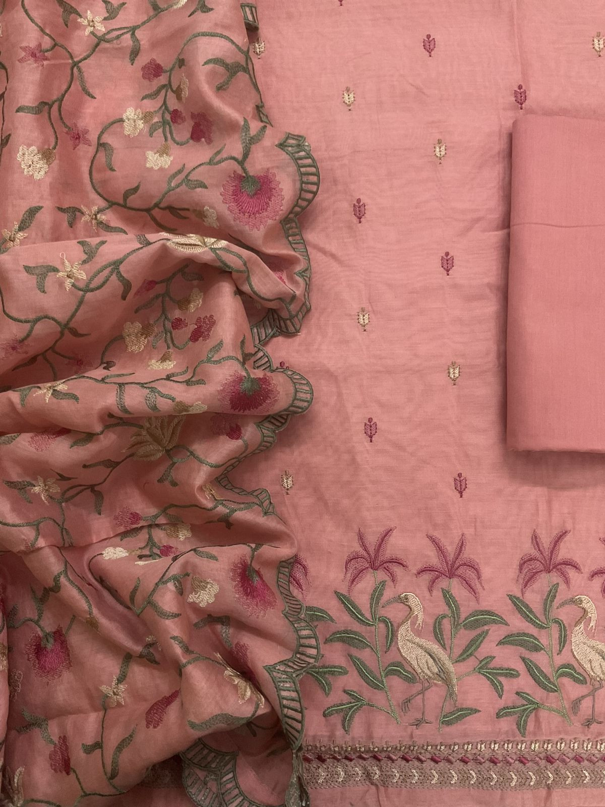 Pure Mul Chanderi Embroidered Suit - Peach