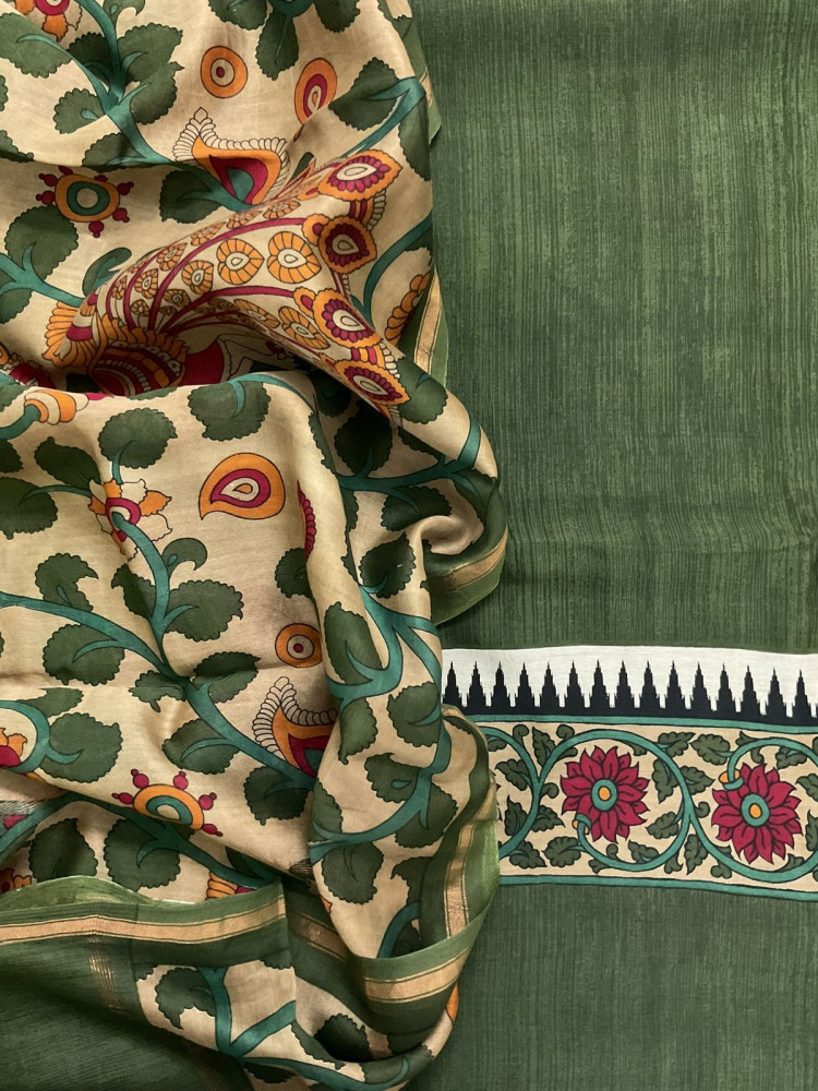 Image of Pure Mul Chanderi Printed Suit - Green